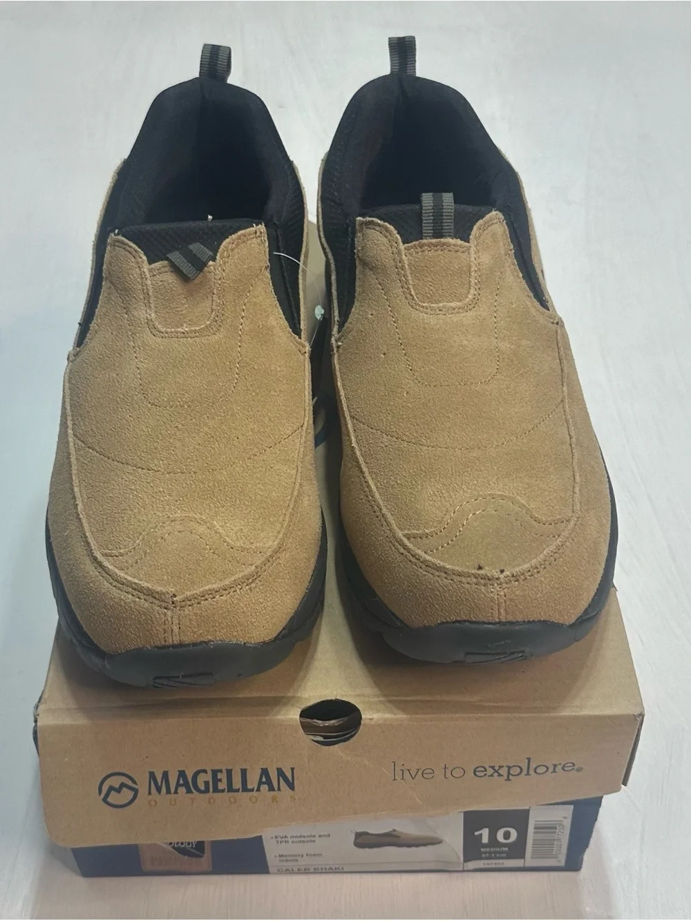 Magellan Outdoors Caleb Slip On Shoes Men’s 10 Khaki Suede Leather Memory Foam